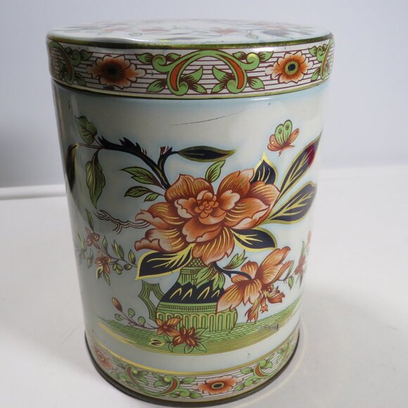 Peach - Orange VTG Daher Round Biscuit Tin, Flowers all sides, made in England - Picture 1 of 13
